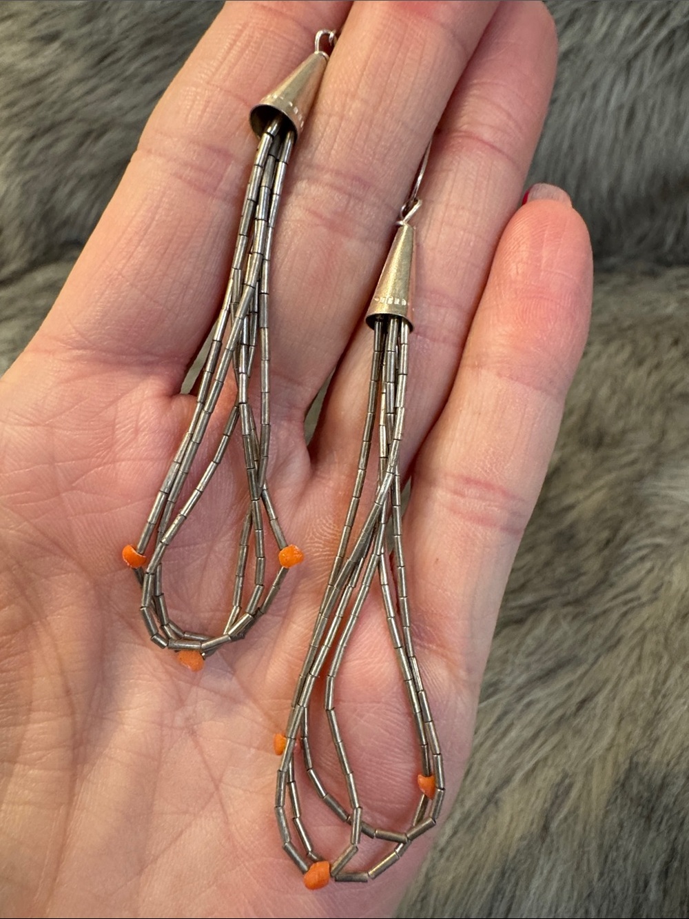 Vintage Native American Sterling Tassel Drop Earrings with Orange Accent